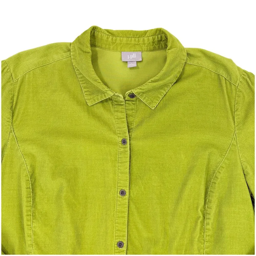 J Jill Corduroy Tunic Button Down Shirt Womens L Chartreuse Green Lightweight